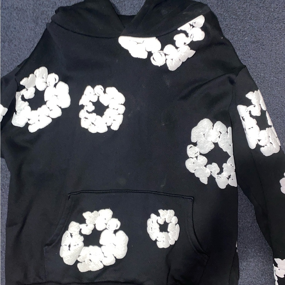 Black and white denim tear hoodie